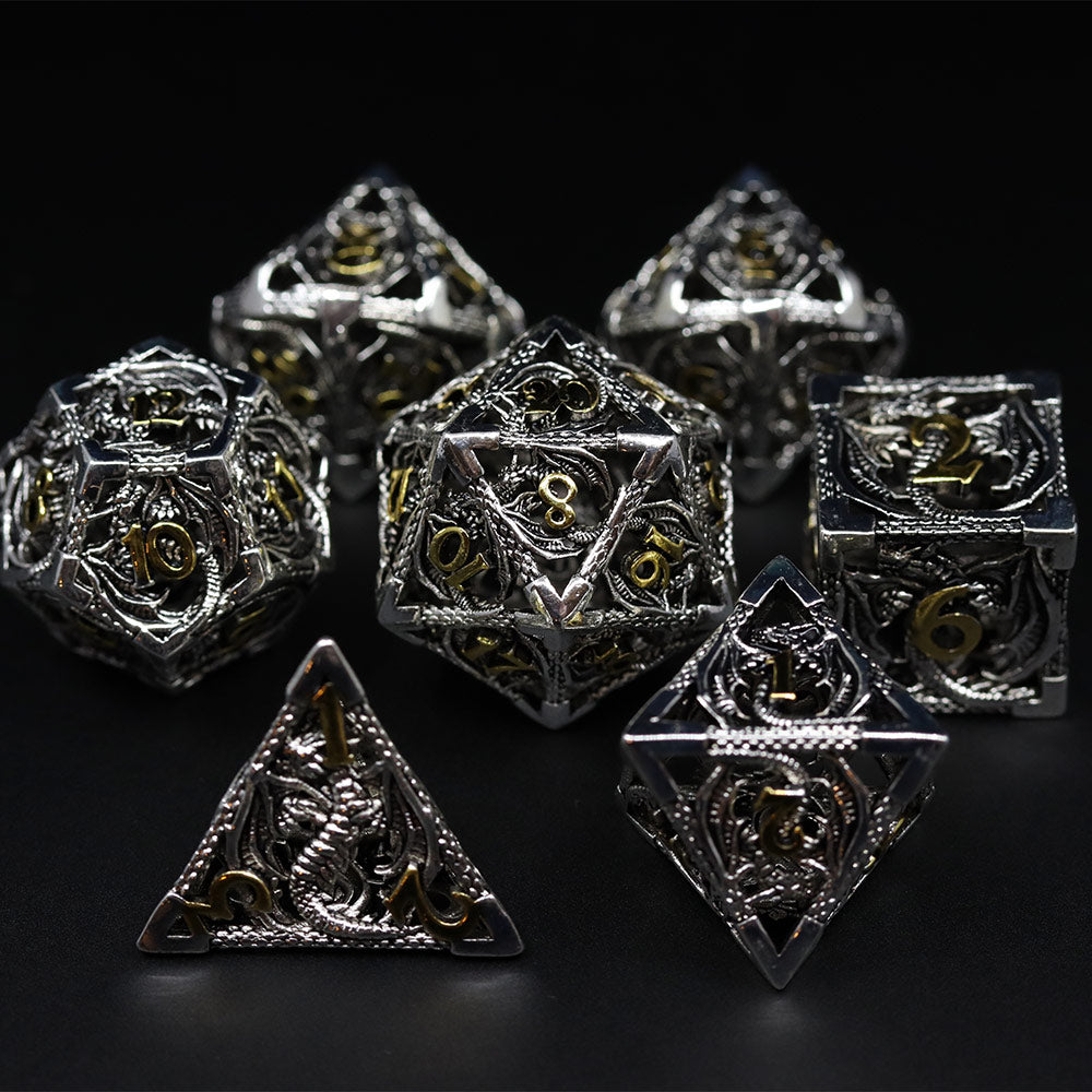 Classic Silver and Bronze Hollow Metal Dragon Dice Set